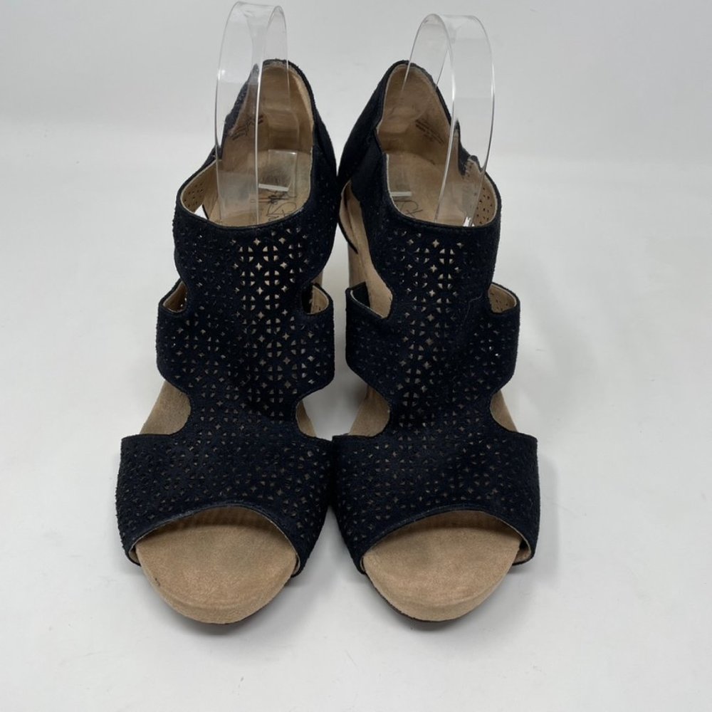 Life Stride Women Black Lasercut Slip on Elastic Cork Wedge Heel Sandal Size 10